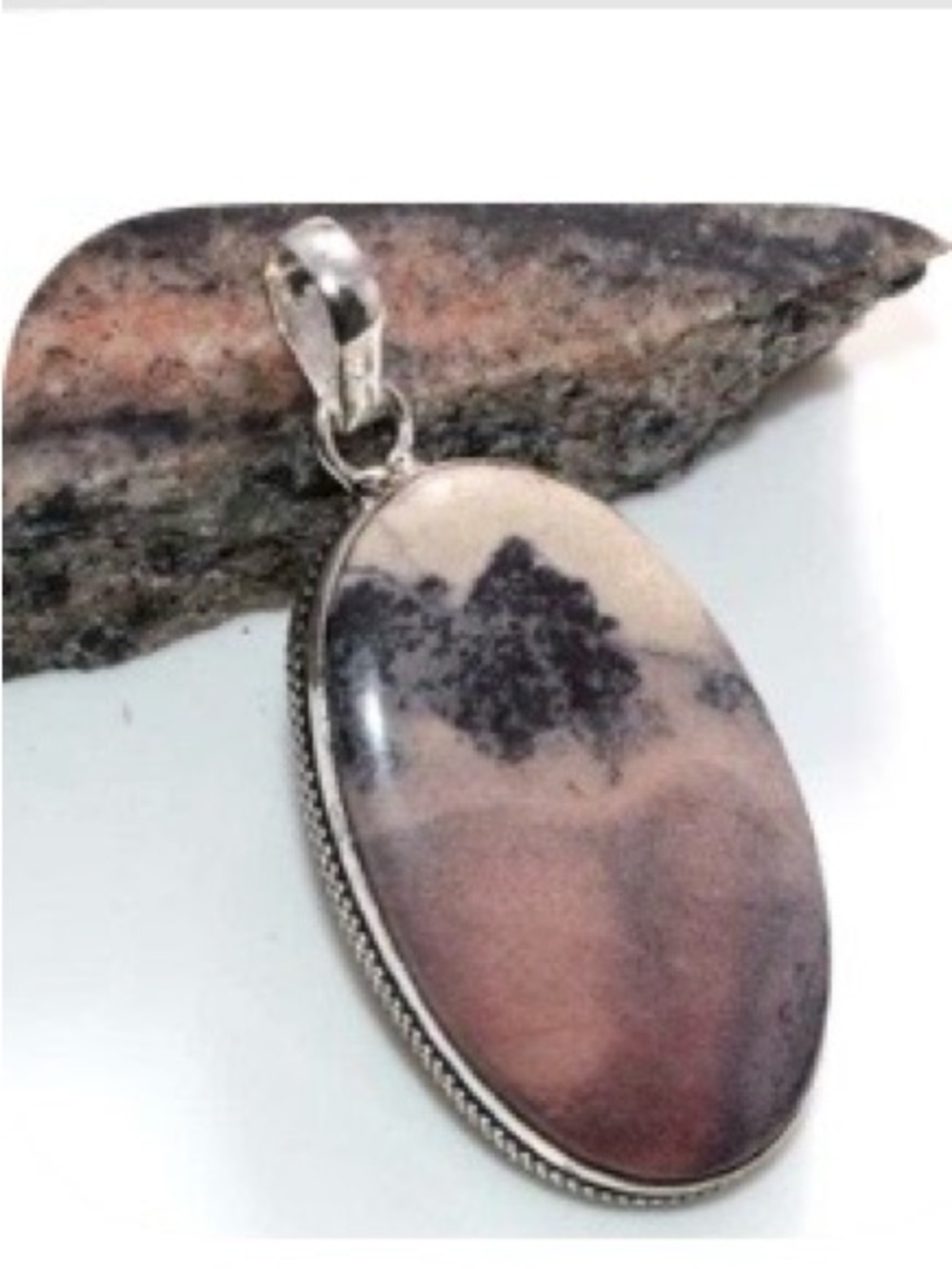 Natural Picture Jasper Oval Pendant in Pink and Black - 925 Silver Plated